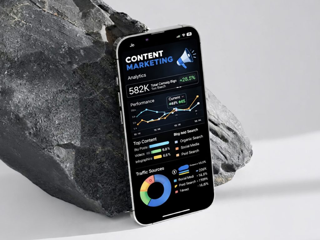 Modern content marketing services interface displaying traffic growth, content performance metrics, and digital marketing analytics.