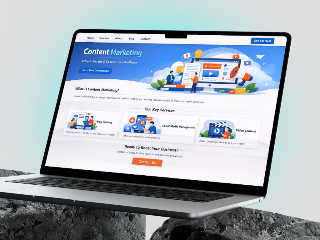 Content marketing strategy platform featuring SEO insights, lead generation tracking, and business growth analytics across mobile and desktop.