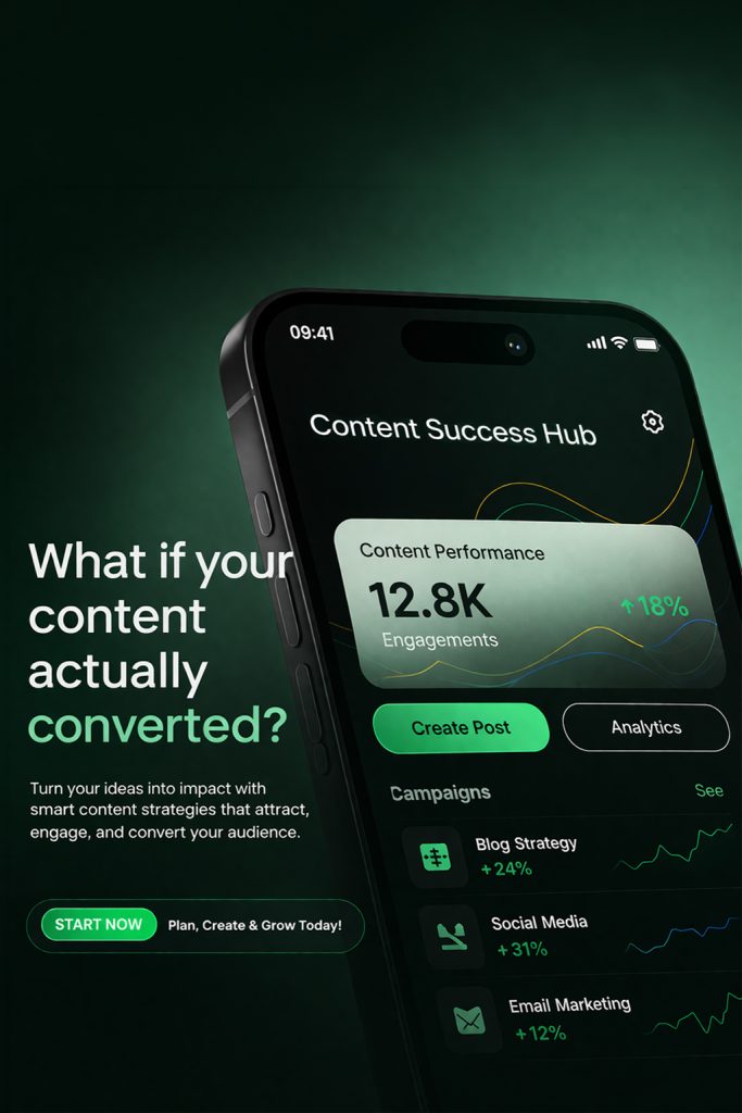 Strategic content marketing campaign visuals displaying content analytics, traffic growth, conversion tracking, and SEO-driven marketing solutions.