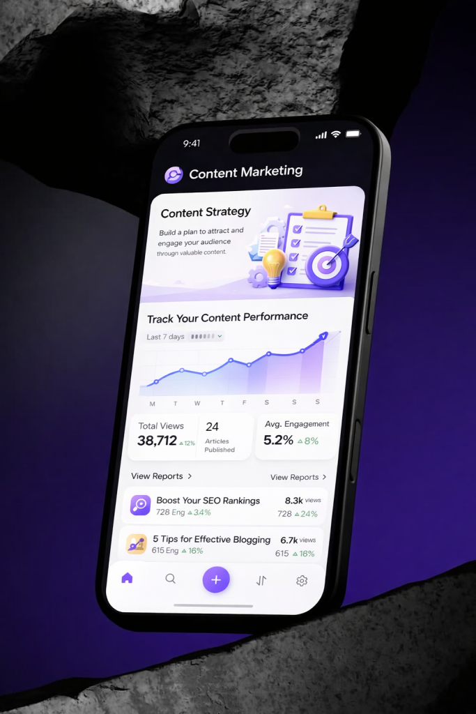 Content marketing services campaign visuals featuring content strategy, SEO performance tracking, audience engagement, and lead generation dashboards.