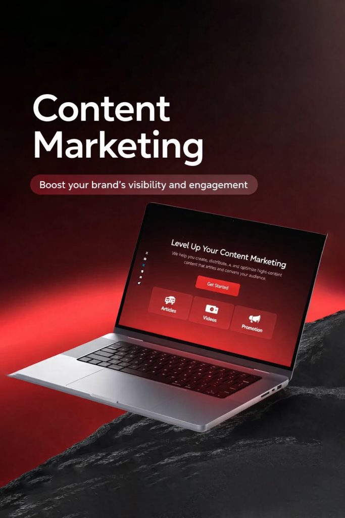 Modern content marketing platform highlighting SEO content marketing services, lead generation, content performance tracking, and digital marketing success metrics.
