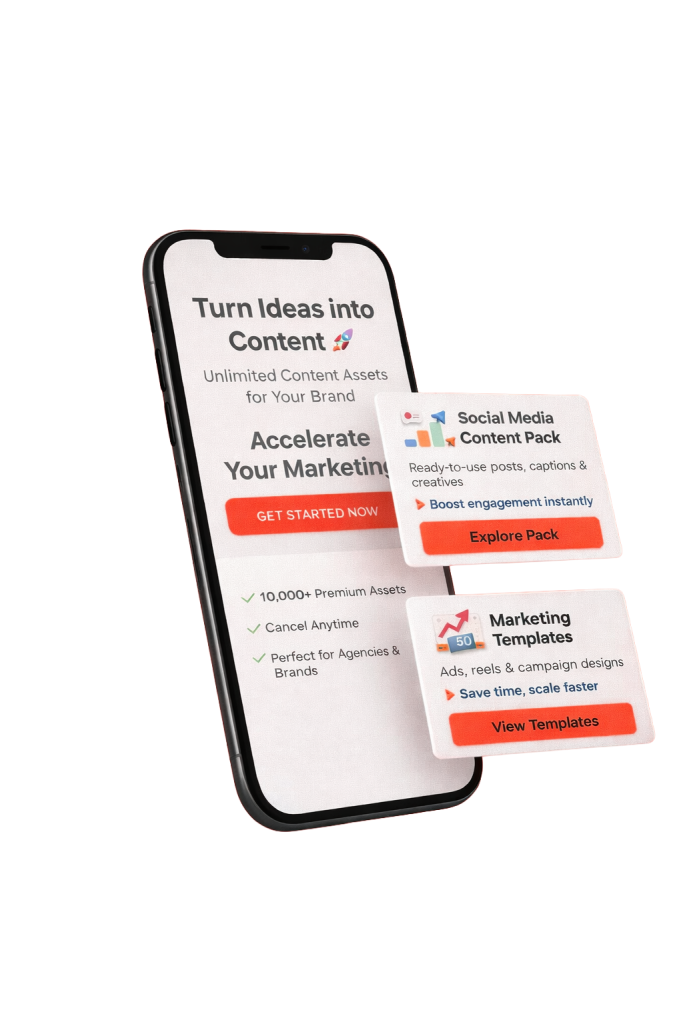 Content marketing toolkit displayed on a mobile device featuring social media content packs, marketing templates, branded content assets, and digital marketing resources for audience engagement and business growth.