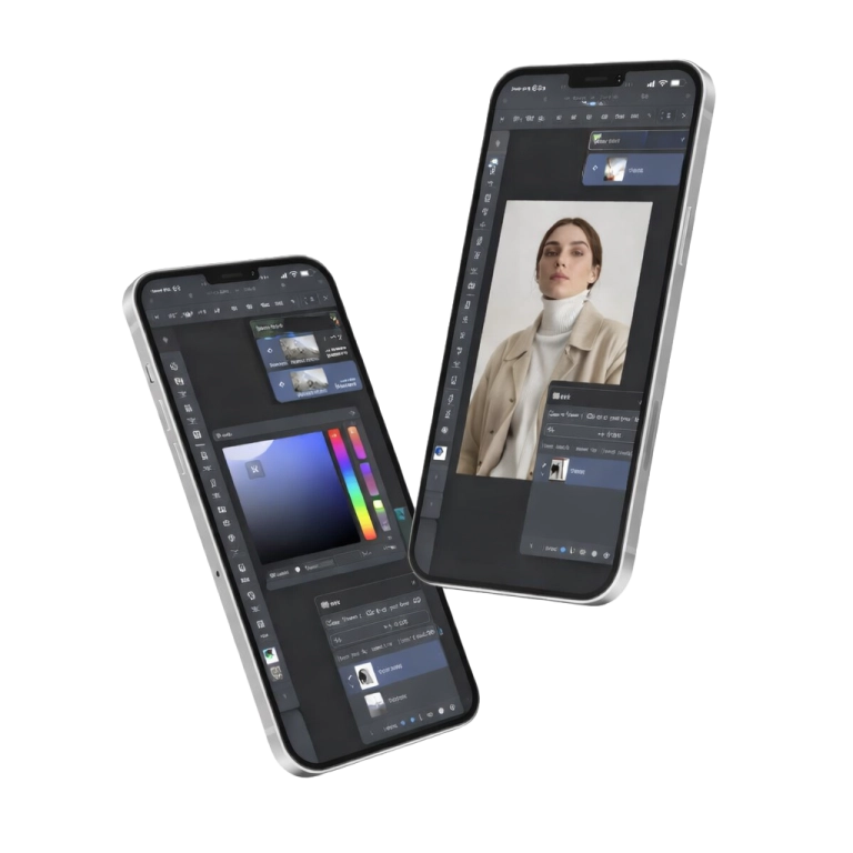 Graphic design services in USA showing two smartphones displaying modern mobile application user interfaces against a dark background.