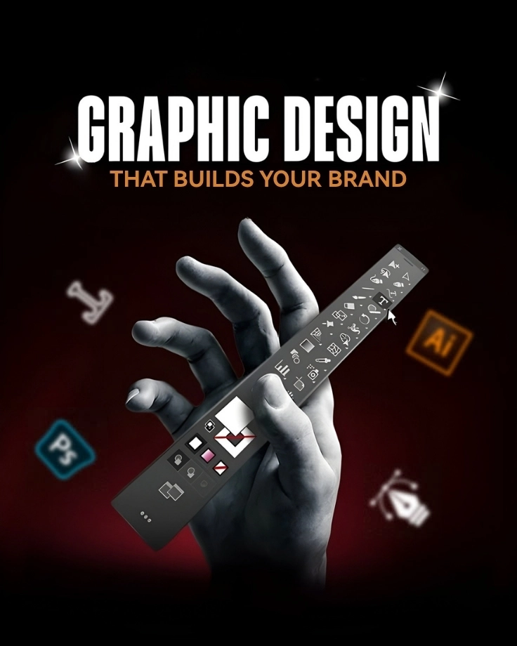 Graphic design services in USA featuring a hand holding a smartphone with floating brand assets, under the bold text "GRAPHIC DESIGN THAT BUILDS YOUR BRAND"