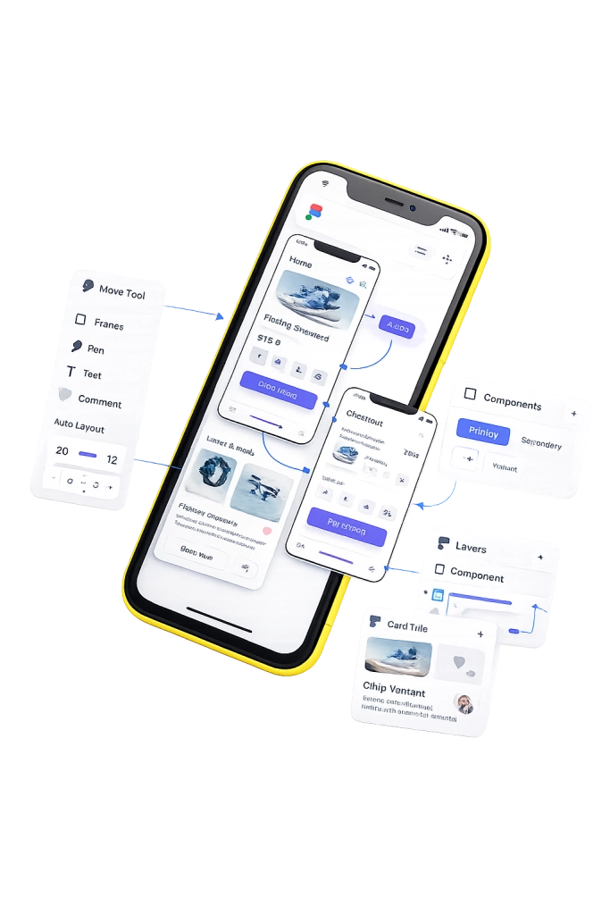 Graphic design services in USA showing a smartphone displaying a clean user interface alongside floating mobile application screen layouts.