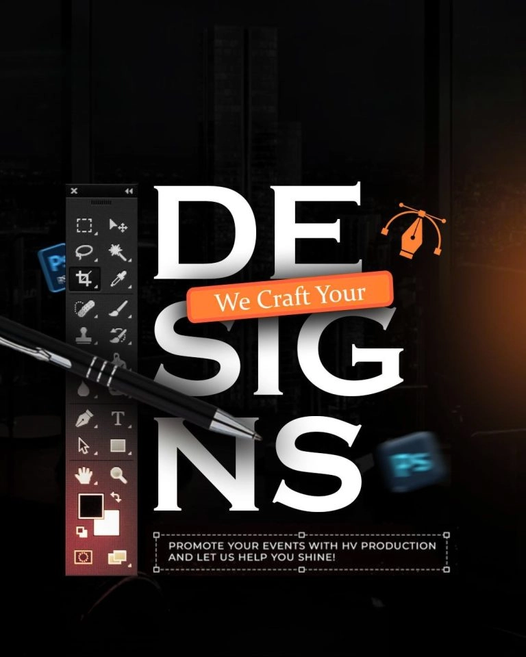 Graphic design services in USA showing the text "DESIGN THAT DEFINES YOUR BRAND" alongside floating Adobe Photoshop, Illustrator, and Premiere Pro icons above a hand holding a phone.