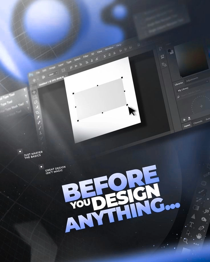 Graphic design services in USA featuring a vintage floppy disk graphic with the text "BEFORE YOU DESIGN ANYTHING..." on a dark blue background.