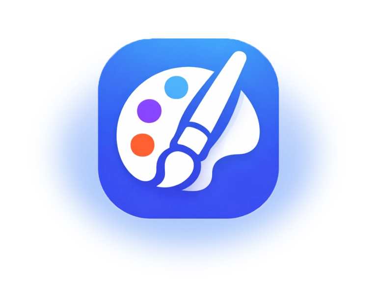 Graphic design services in USA showing a blue icon featuring a white paint palette and paintbrush, representing creative brand identity and artwork creation.