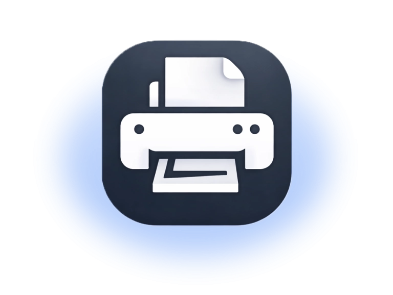 Graphic design services in USA showing a blue square icon with a white printer graphic, representing high-quality layout and print production service