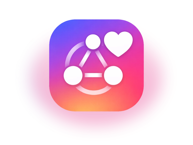 Graphic design services in USA showing a stylized icon with connected circles and a heart on a vibrant pink and orange gradient background.