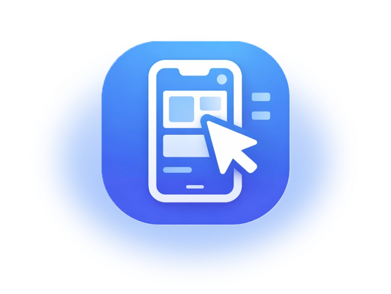 Graphic design services in USA showing a blue icon with a smartphone and a clicking cursor, representing mobile user interface and app design development.