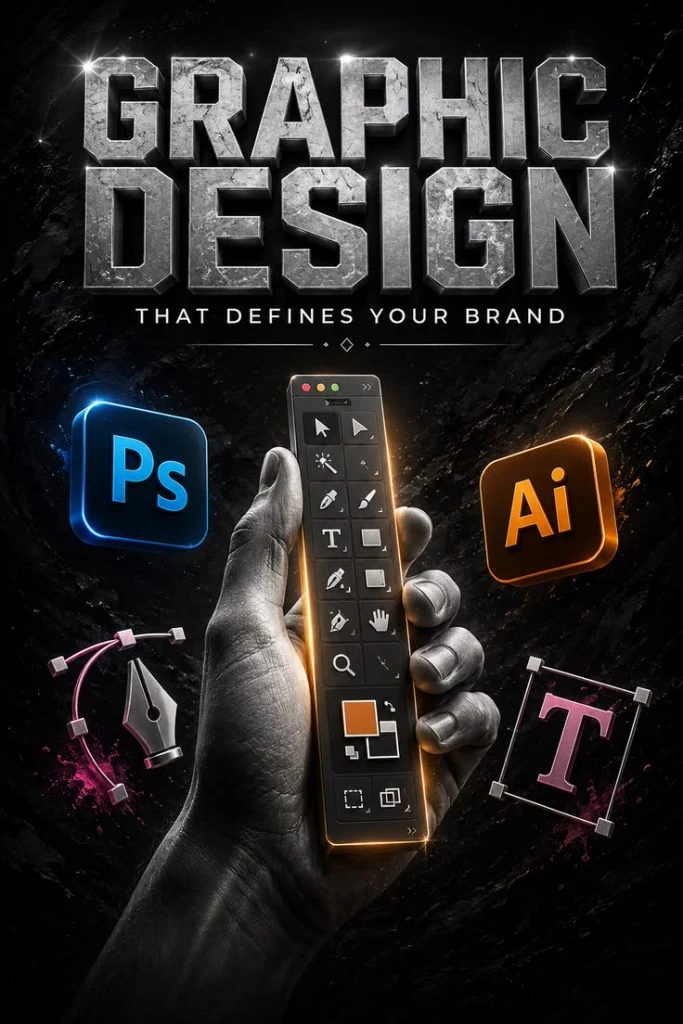 Graphic design services in USA showing Adobe Photoshop, Illustrator, and Premiere Pro icons floating above a hand holding a phone.