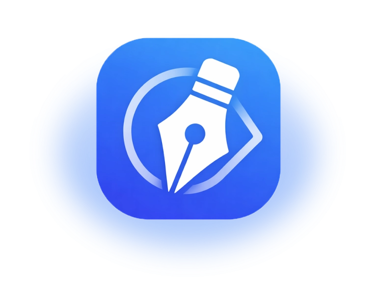 Graphic design services in USA showing a blue square icon containing a fountain pen tip graphic, representing professional digital illustration and vector design tool branding.