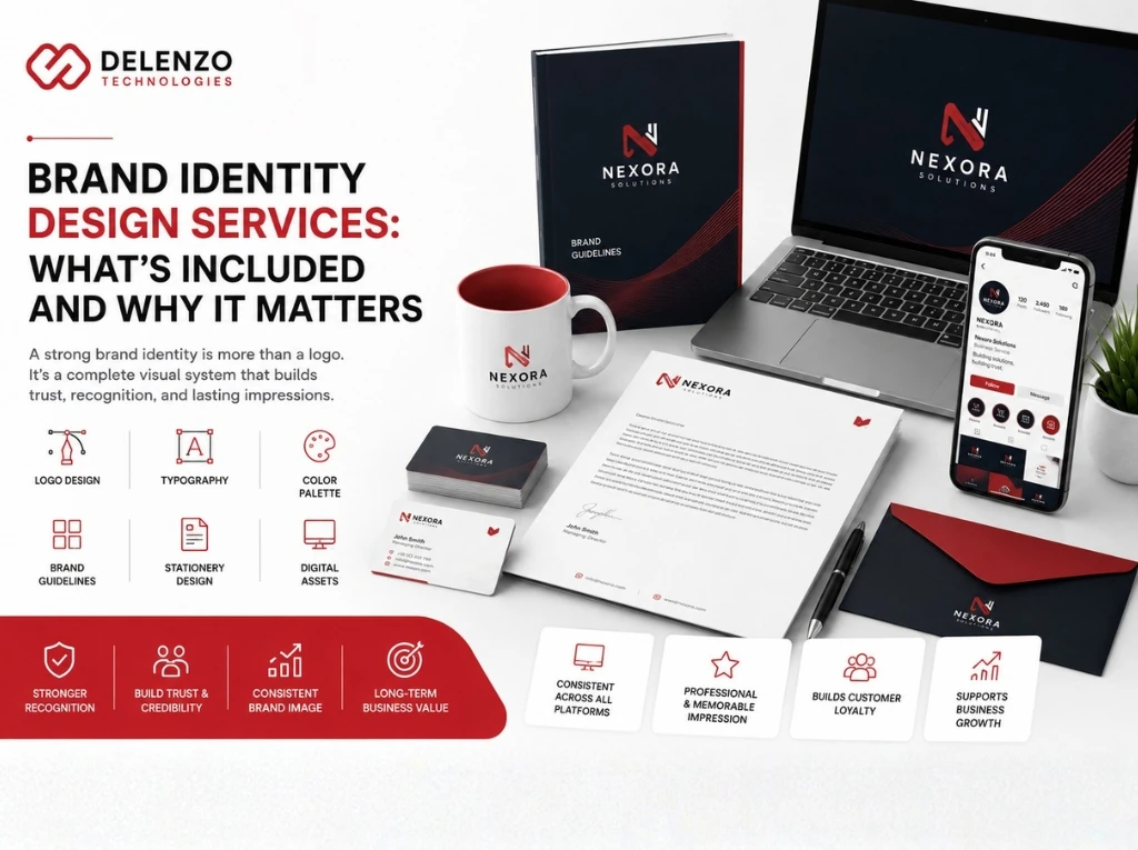 Modern tech devices and printed stationery displaying a cohesive company visual system, showcasing professional brand identity design services in Usa Dallas By Delenzo Technologies.