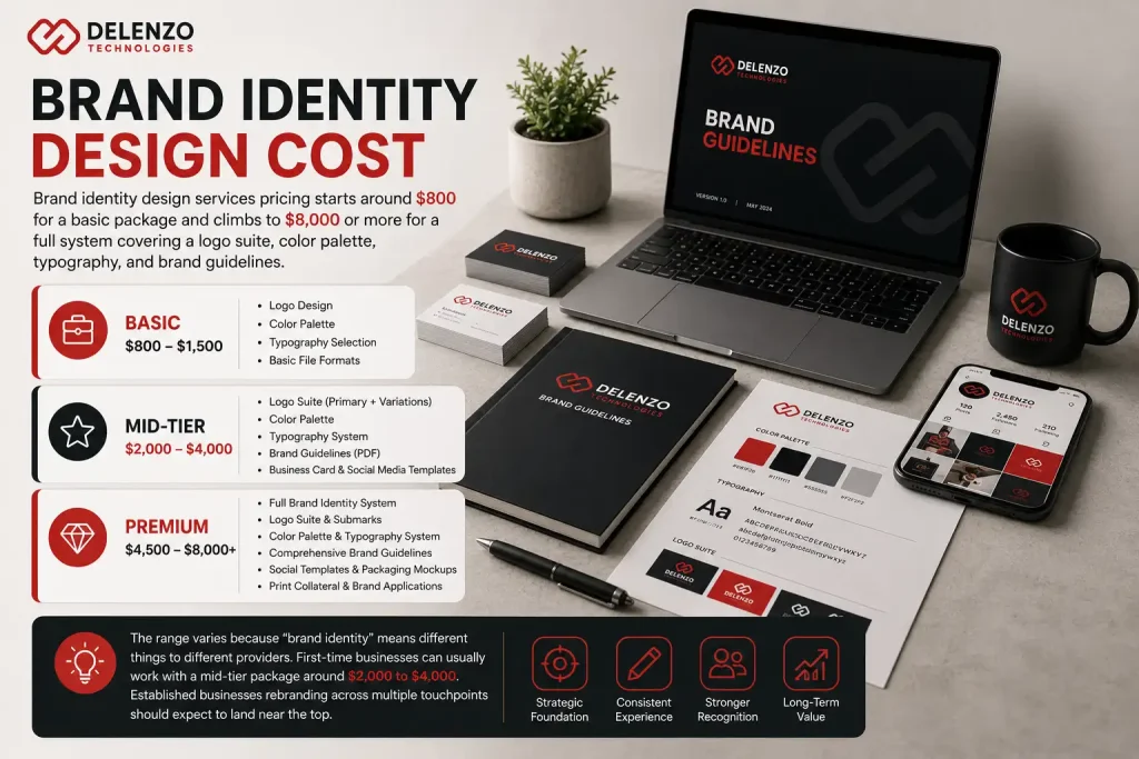 Brand identity design cost overview showing a laptop and smartphone displaying a matching sleek black corporate branding theme alongside brand-identity-design-cost template text.