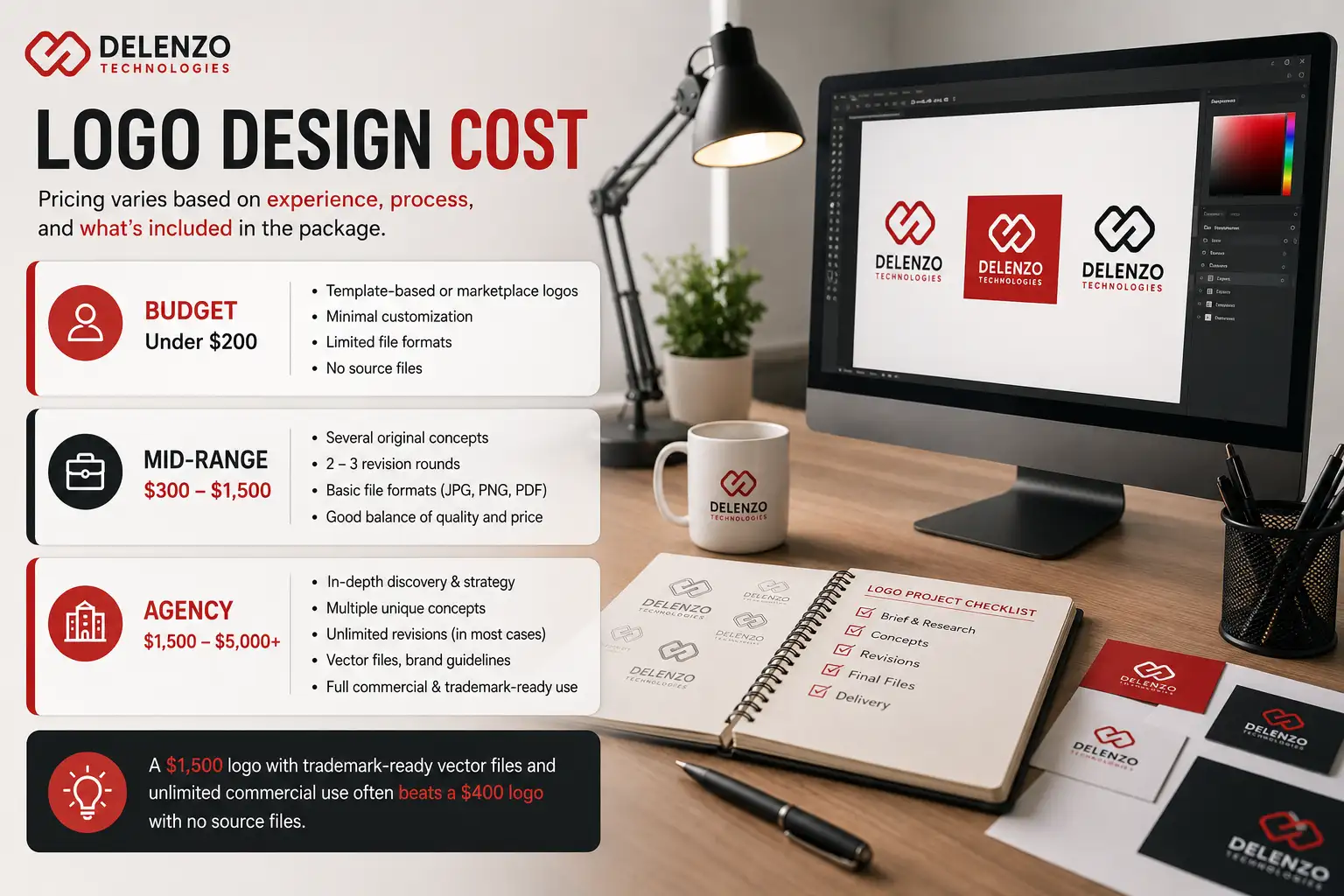 Logo design cost comparison showing a graphic designer working at a desk with branding wireframes on a computer screen, a notebook, and color palettes.