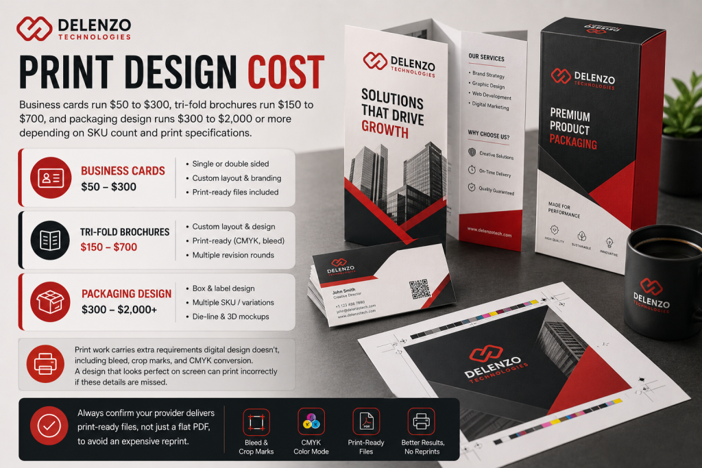 Print design cost example showing corporate marketing materials including branded business cards, a brochure, and a customized notebook arranged on a desk.