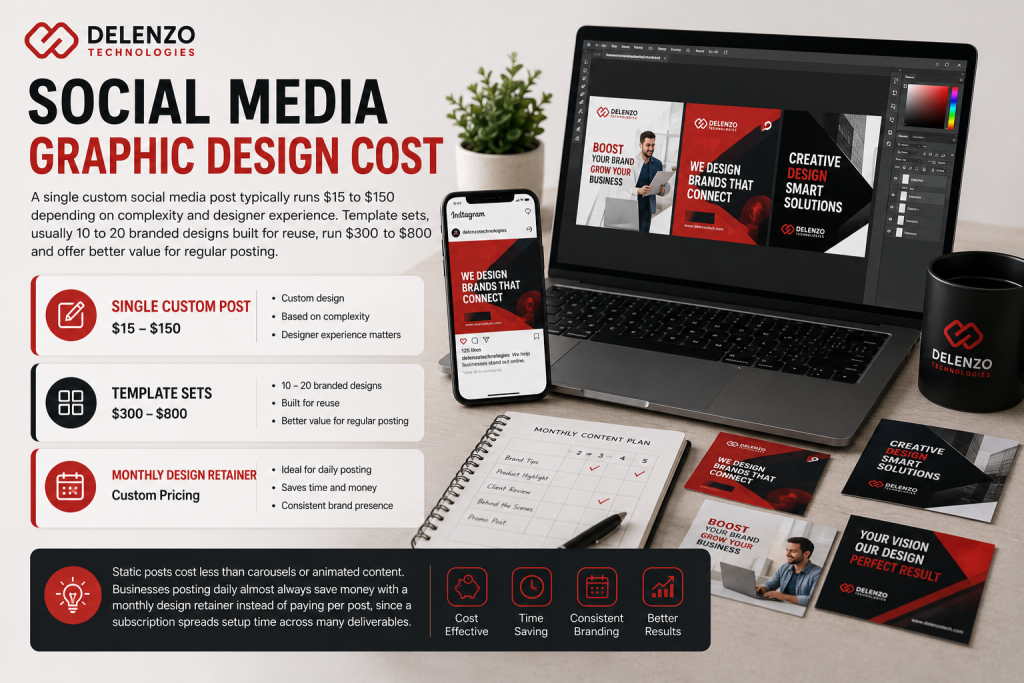 Social media graphic design cost guide featuring a mockup bundle with custom branded marketing templates on a smartphone and tablet screen.