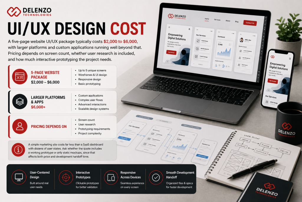 UI/UX design cost overview on a laptop and smartphone screen displaying a structured design with price points and red VIEW DETAILS buttons.
