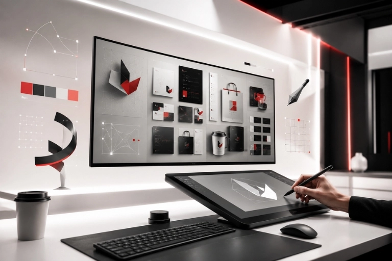 Professional graphic design workspace with computer monitor and digital drawing tablet.