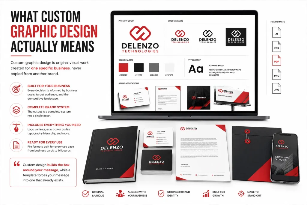 What Custom Graphic Design Actually Means
Custom graphic design is original visual work created for one specific business, never copied from another brand. Every decision is informed by business goals, target audience, and the competitive landscape. The output is a complete system, not a single asset. It includes logo variants, exact color codes, a typography hierarchy, and file formats built for every use case, from business cards to billboards.
As one branding agency put it, custom design builds the box around your message, while a template forces your message into one that already exists. 