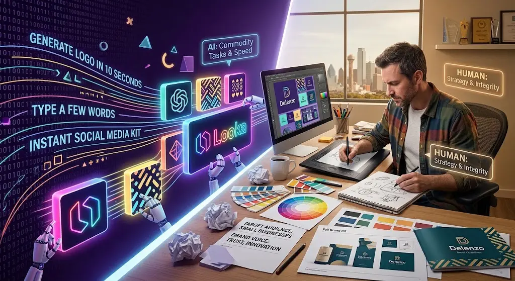 Graphic designer working at a dual-monitor desk with AI design tools and colorful brand assets displayed around him.