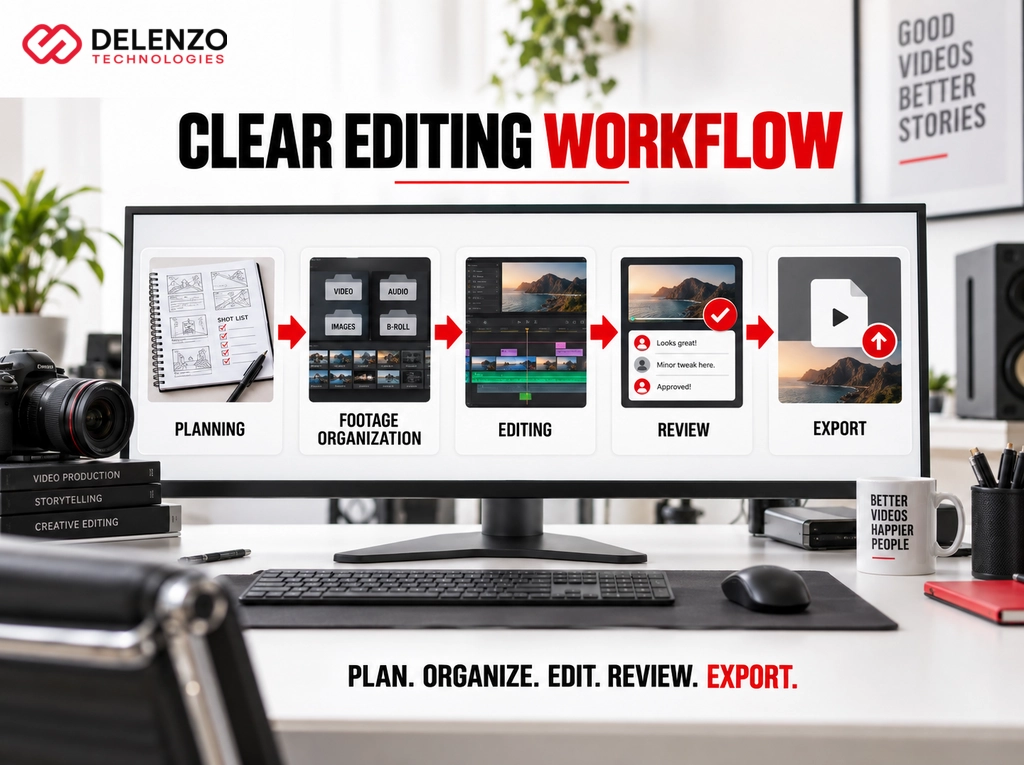 Infographic showing a step-by-step video editing workflow strategy