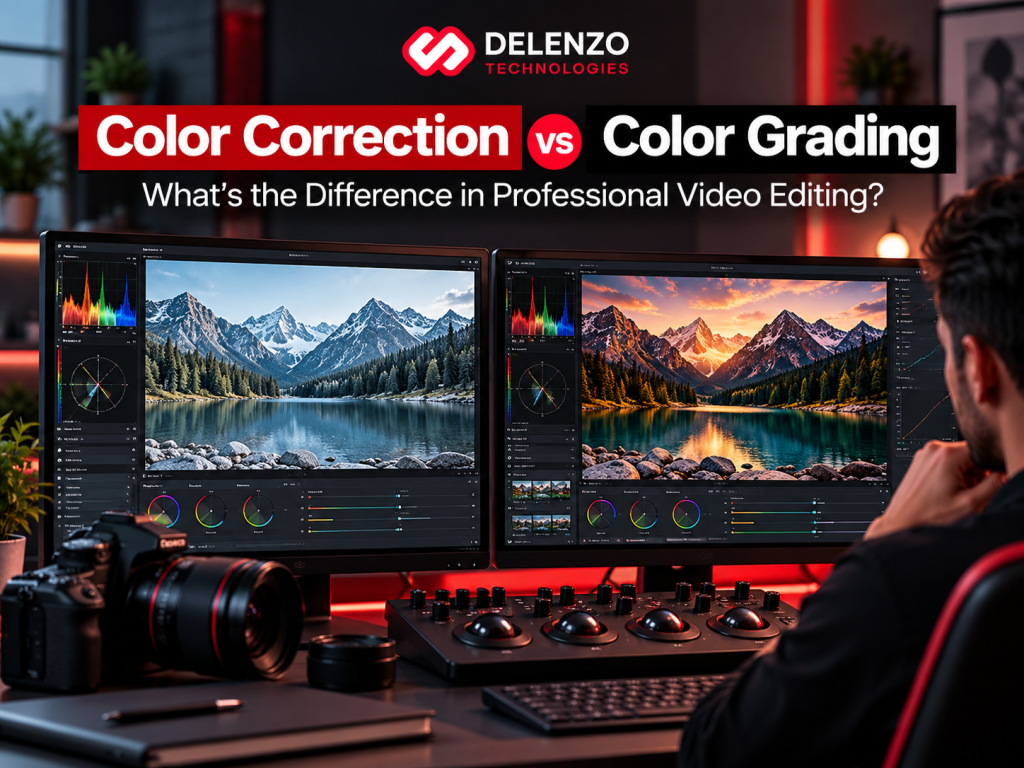 Color Correction vs Color Grading comparison showing side-by-side video scopes and professional grading panels.