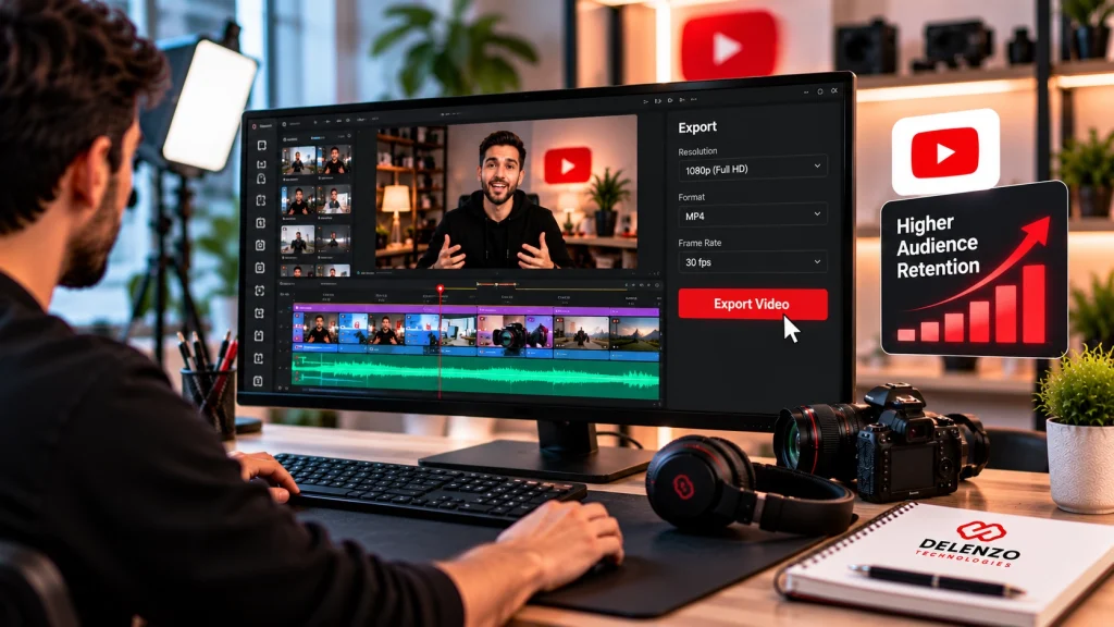 YouTube video editor reviewing a completed video