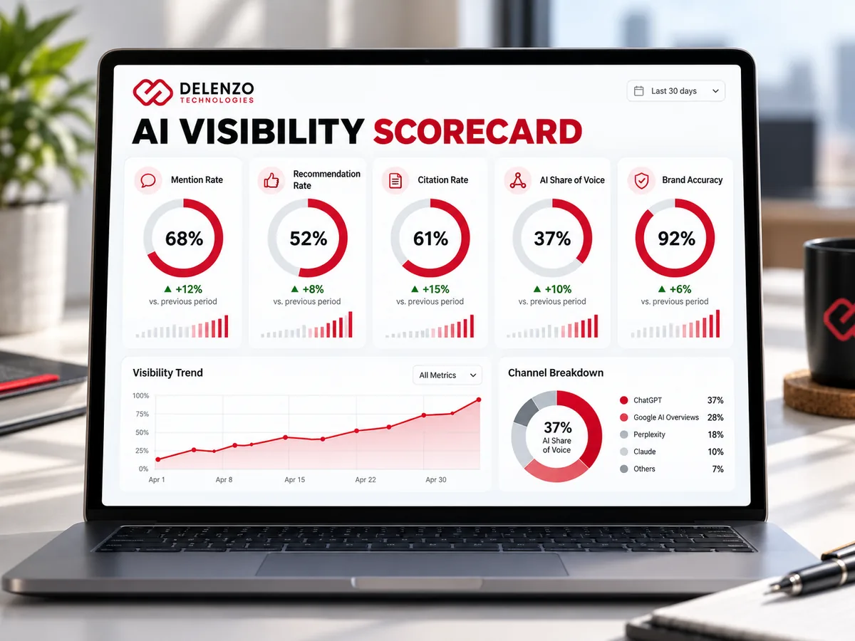 AI visibility scorecard showing mention rate, recommendation rate, citation rate, share of voice and brand accuracy
