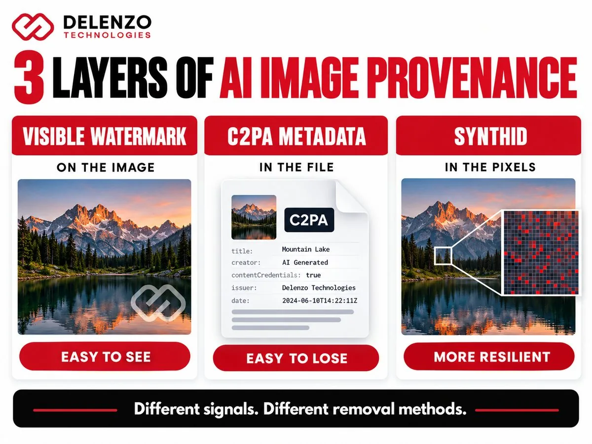 Visible watermark, C2PA metadata and SynthID provenance layers